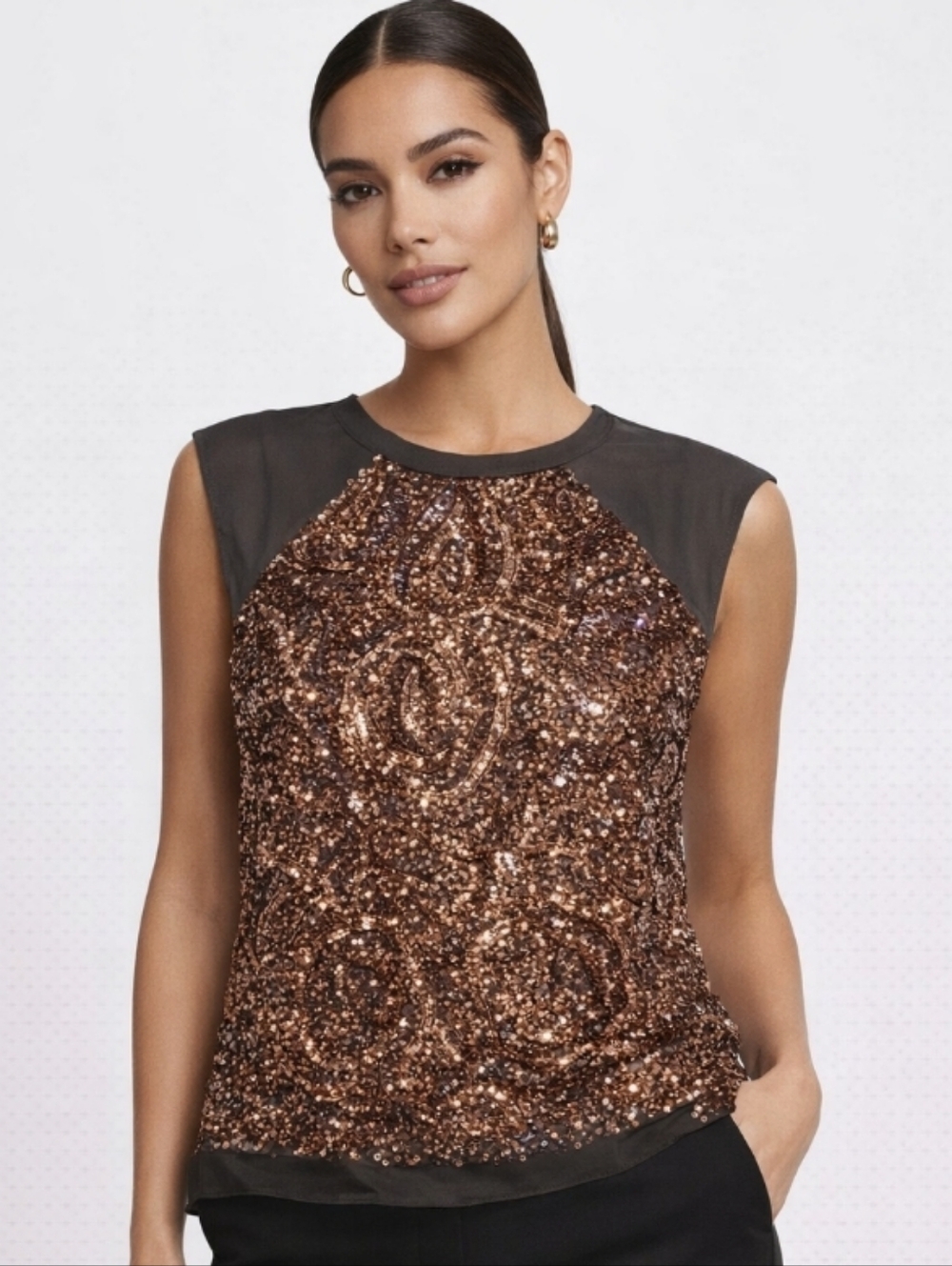 BCBGMaxAzria Gold Sequin & Gray Mesh Cap-Sleeve Tank